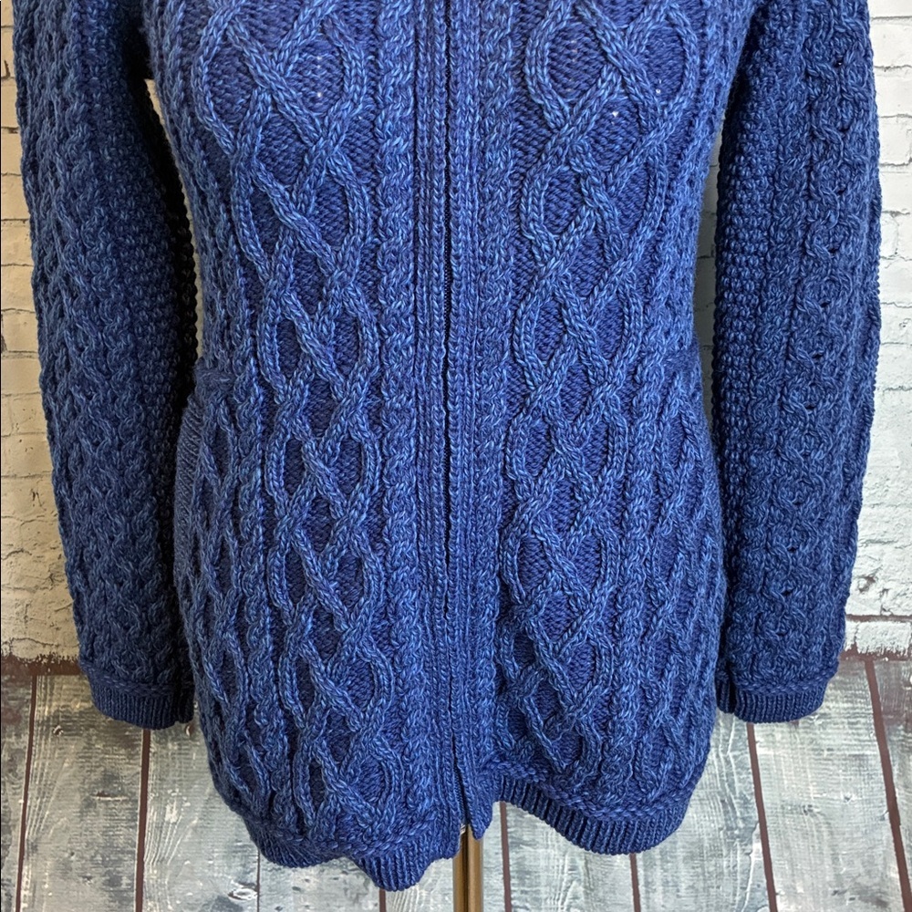 Aran Crafts‎ Ireland Blue Cable Knit Merino Wool Zip Cardigan Sweater S Cottage - Picture 9 of 16